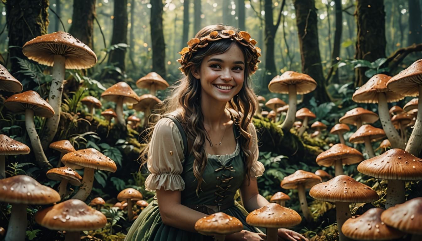 Fairy Girl Among Mushrooms in Cinematic Style