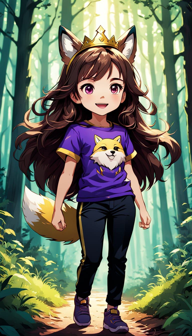 Chibi Girl with Golden Crown and Fox Ears in Vibrant Forest ...
