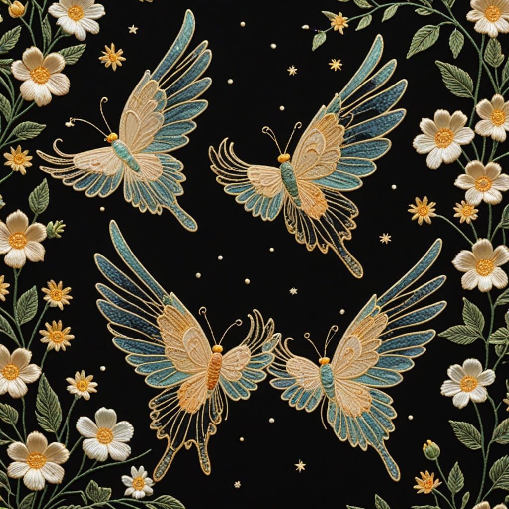 Luminous Embroidered Wings in Moonlit Gardens