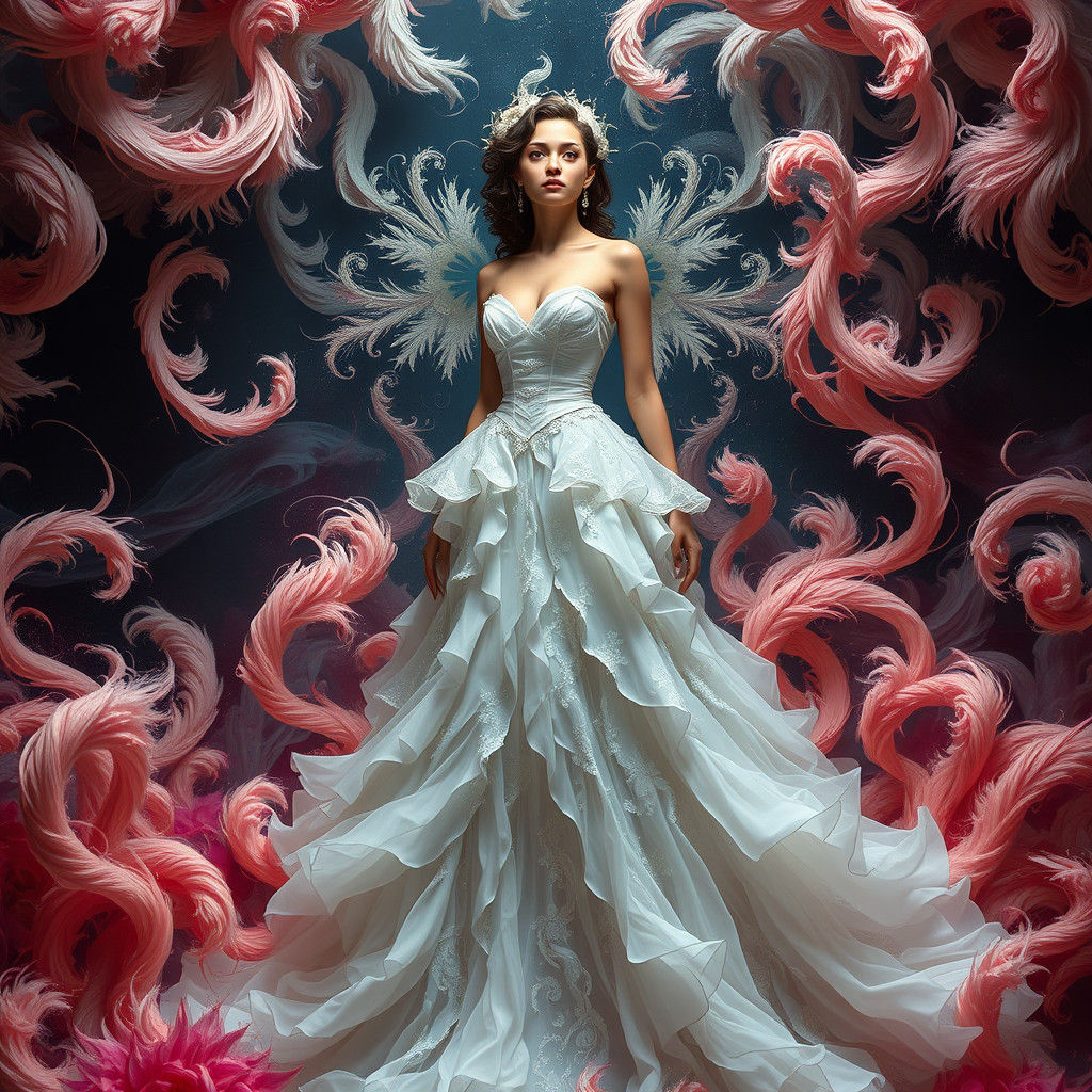 Ethereal Woman in Exquisite White Gown