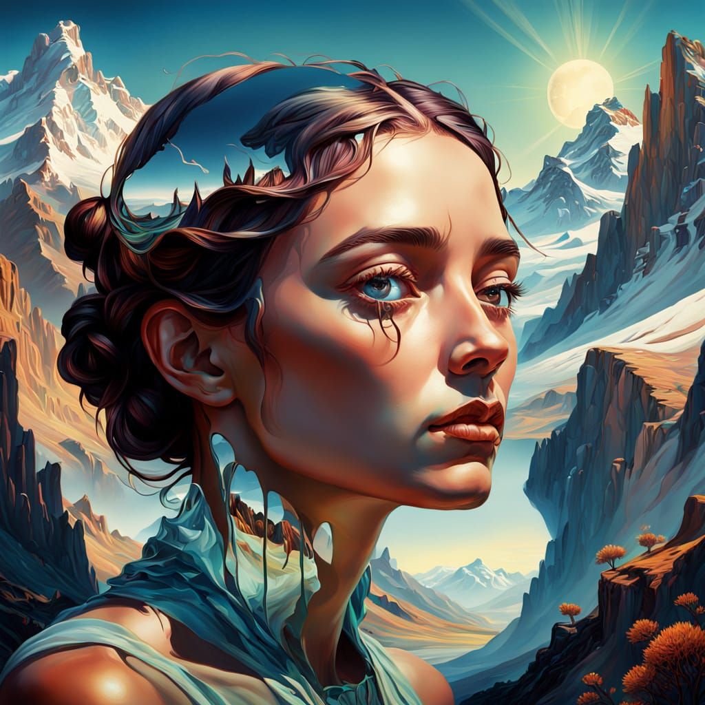 Surreal Portrait: Face Merging with Mountain Landscape