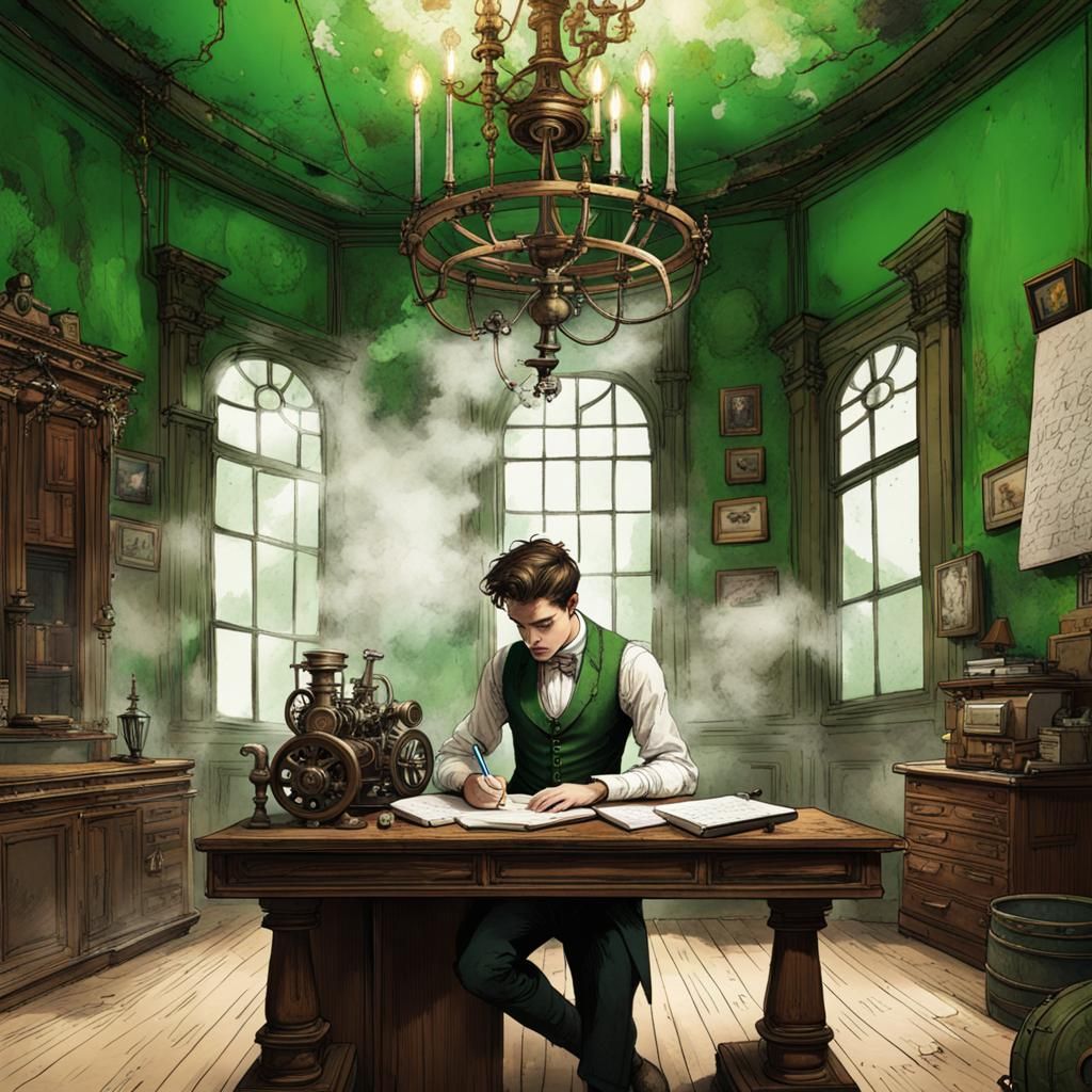 Steampunk Writer at Marble Desk with Splattered Ink