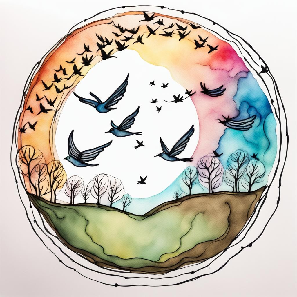 Cartoon Earth Encircled by Birds in Pen and Ink