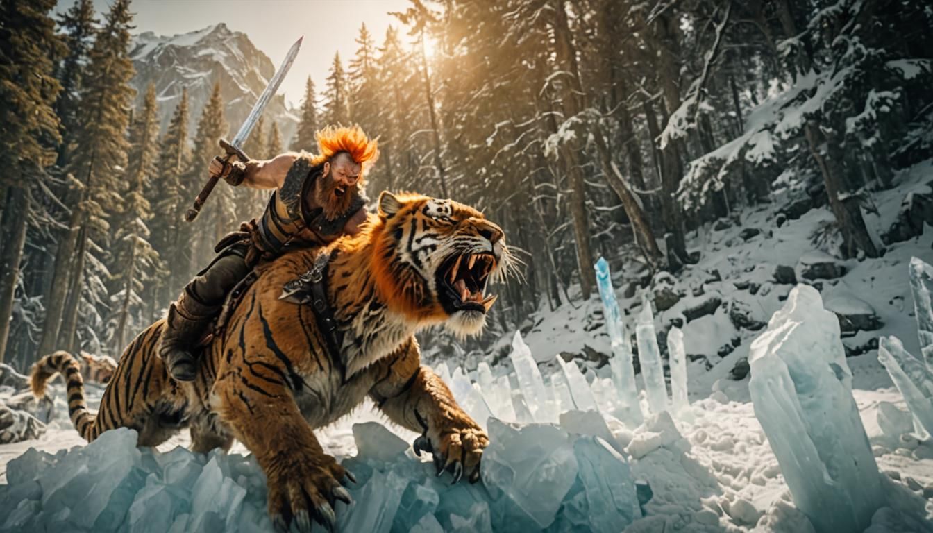 Dwarven Barbarian on Saber-Tooth Tiger, Cinematic Still
