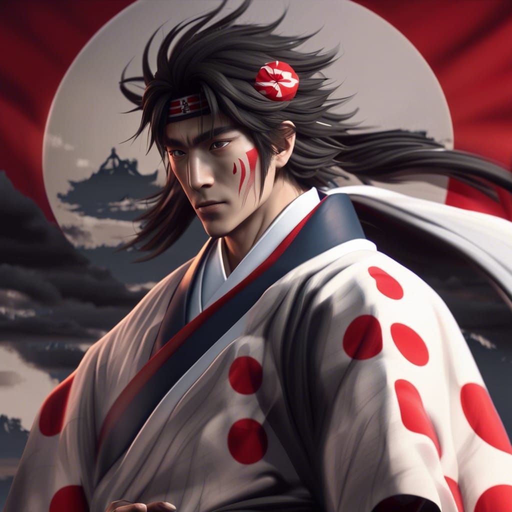 Handsome Japanese Man with Flag in 3D Animation