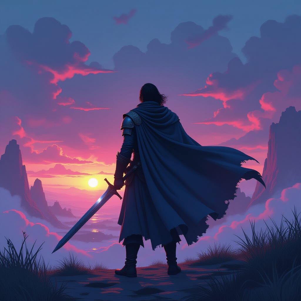 Hero at Edge of Mystical Realm in Digital Art Style