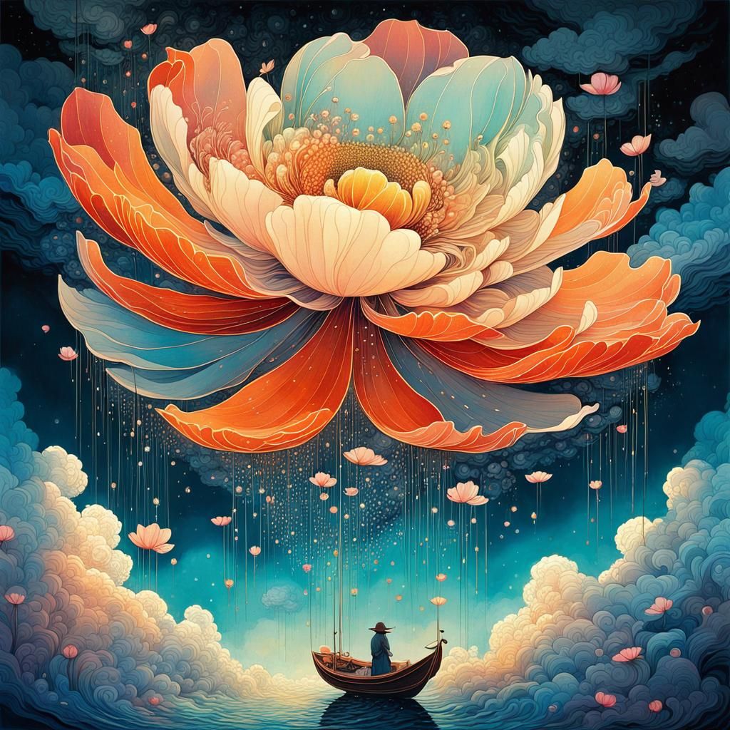 Wispy Flower Floating in Clouds: Maximalist Digital Art