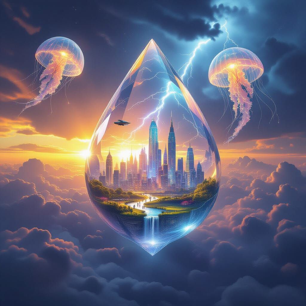 Crystal Teardrop City in Stormy Sky