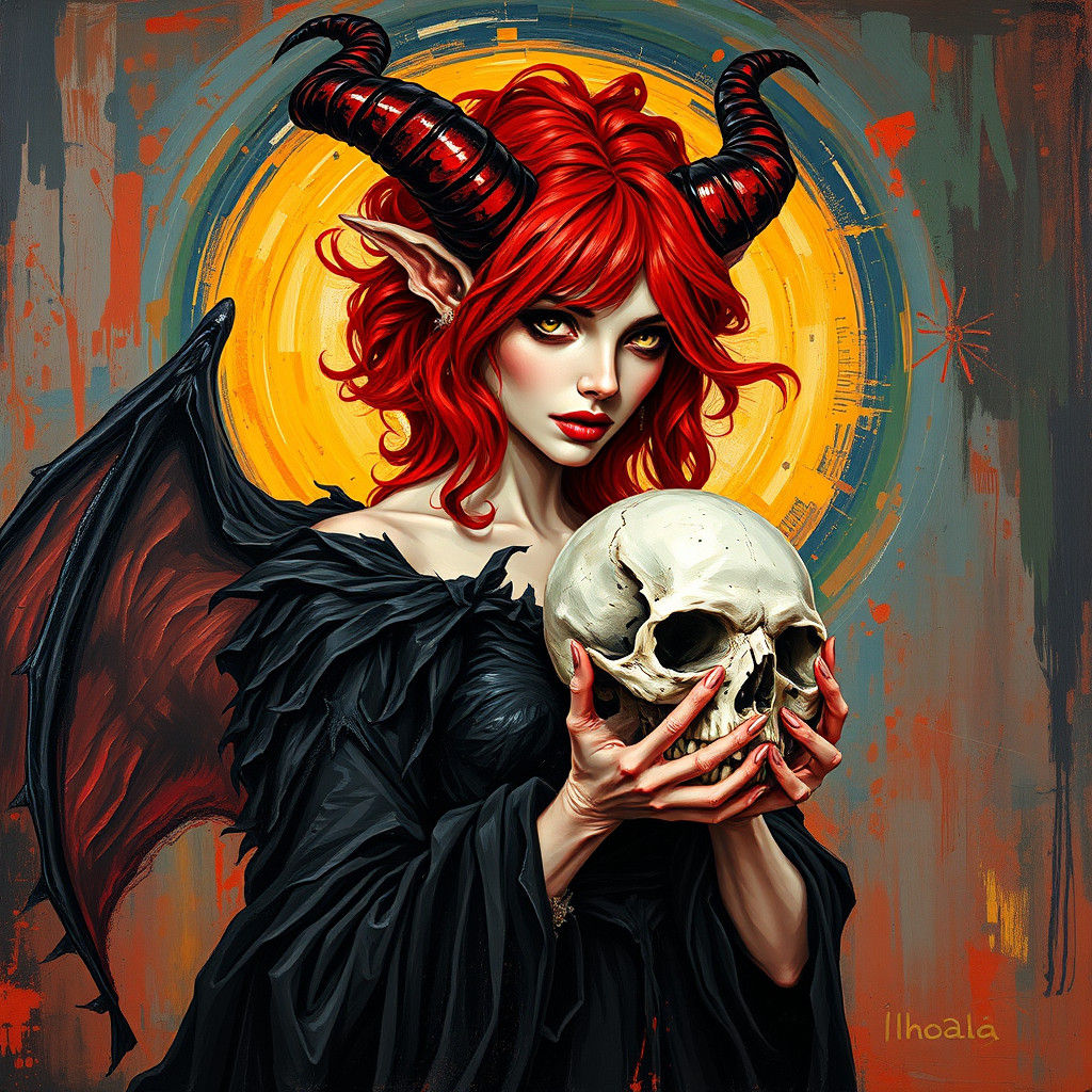 Demonic Woman with Skull: Expressionist Painting