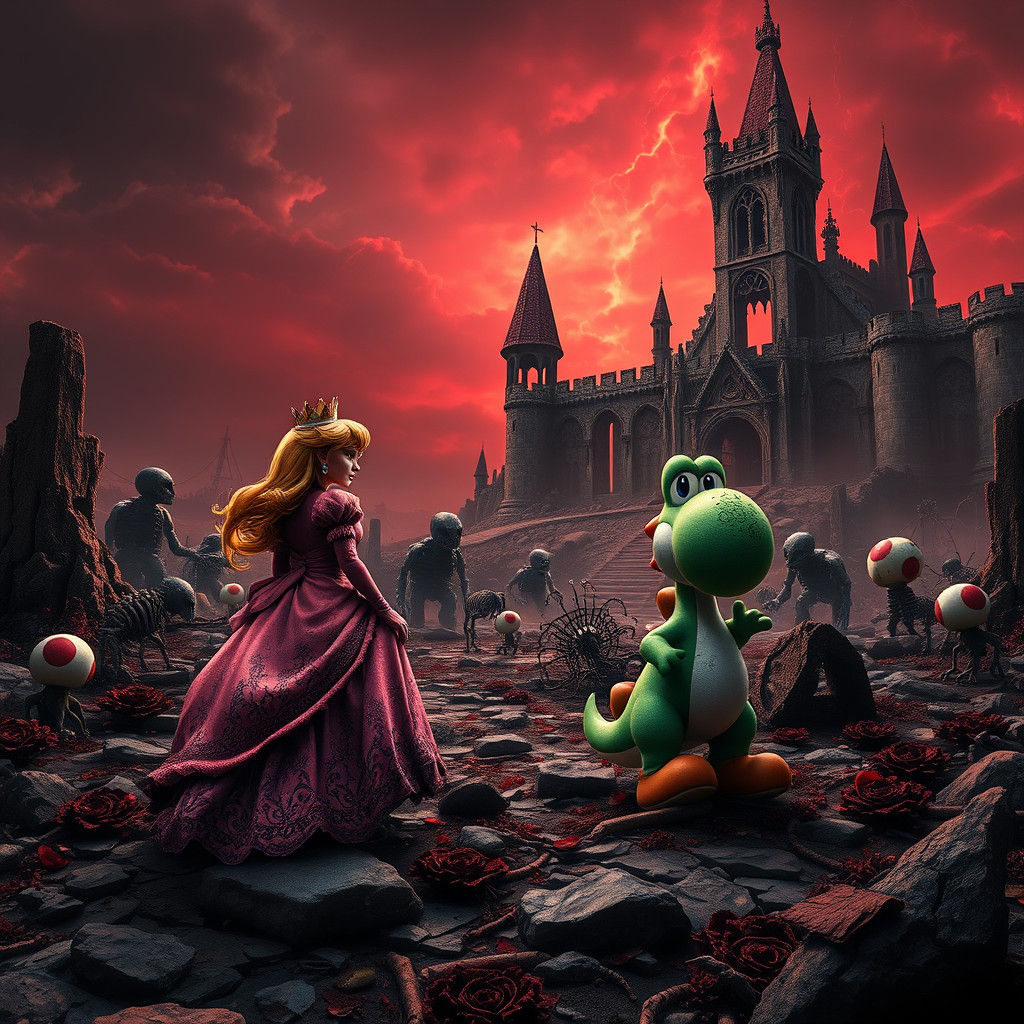 Princess Peach and Yoshi in Dark Fantasy Apocalypse