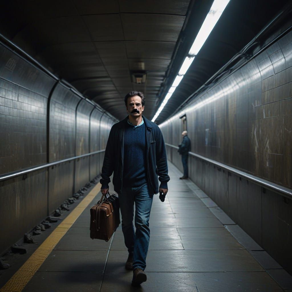 Poet in Dark Subway Tunnel, Grim Metropolitan Scene