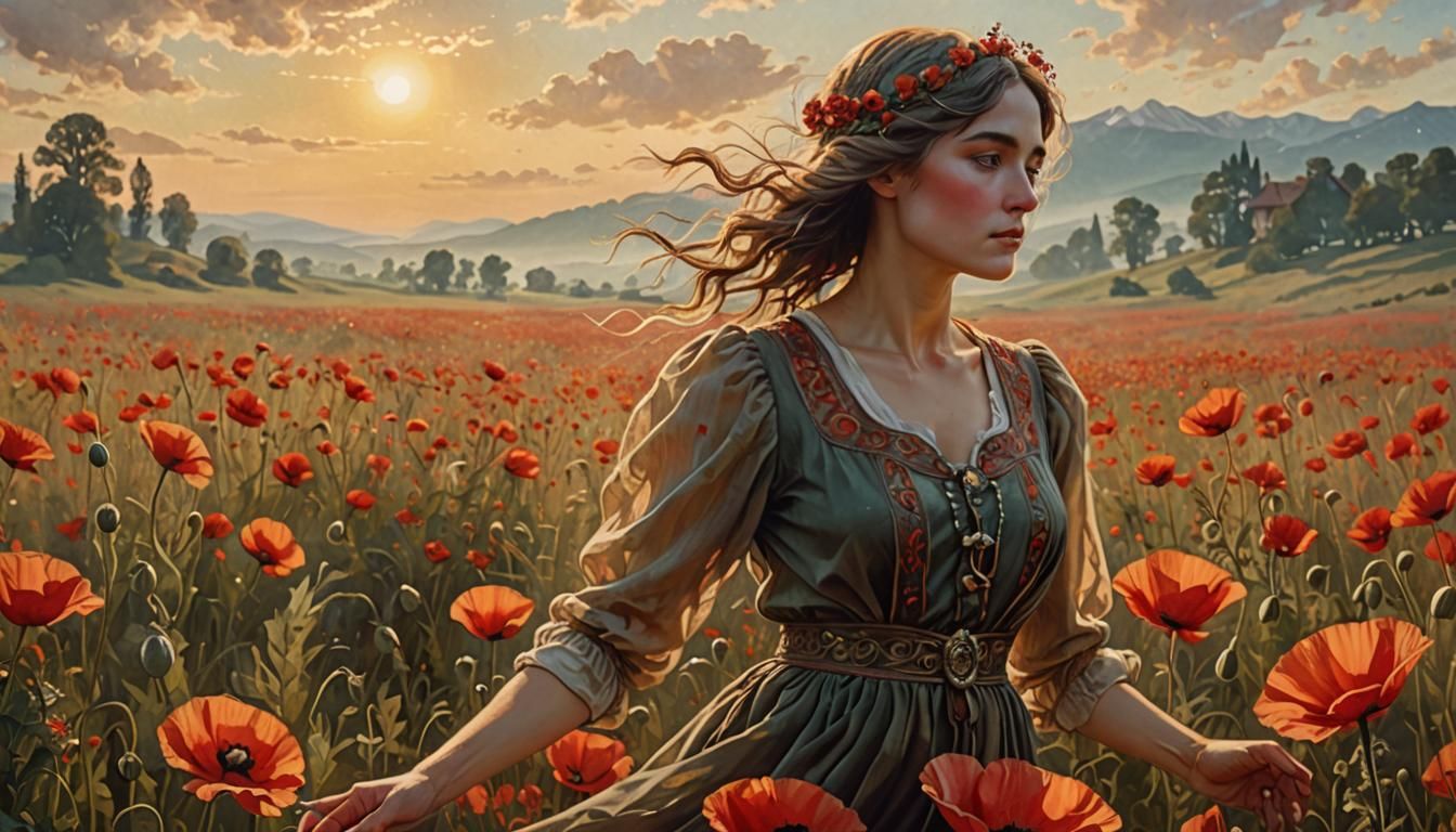 Woman in Poppy Field: An Art Nouveau Digital Painting