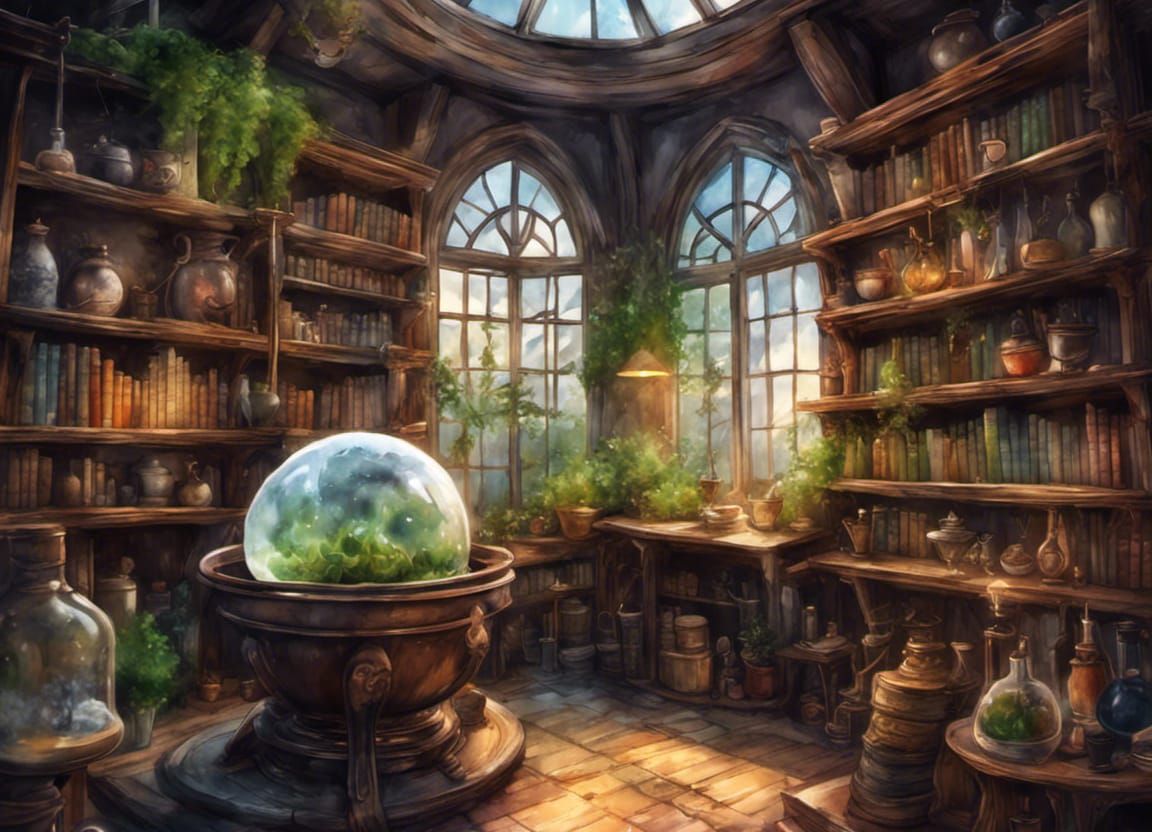 Detailed Wizard's Workshop in Watercolor Style