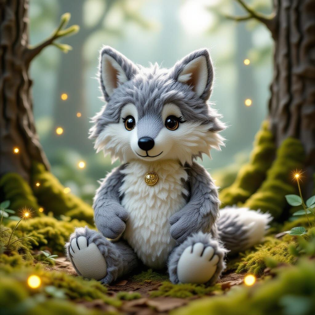 Felted Wolf Plush in Mystical Forest Illustration