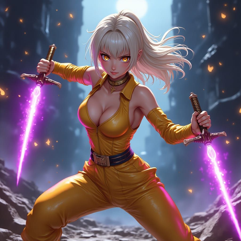 Anime Duelist with Golden Jumpsuit in Cel-Shaded Style