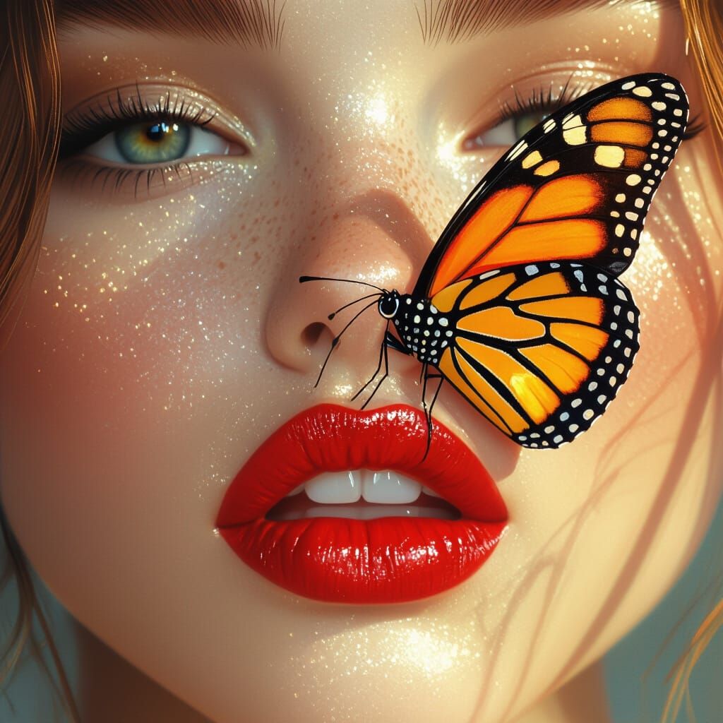 Monarch Butterfly on Lips, Golden Glow Portrait