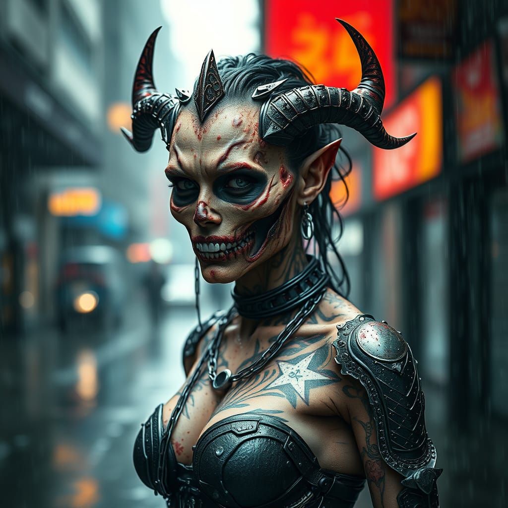 A hideously deformed demonic woman with a supermodel body stands in the pouring rain, adorned in futuristic acrylic and ...