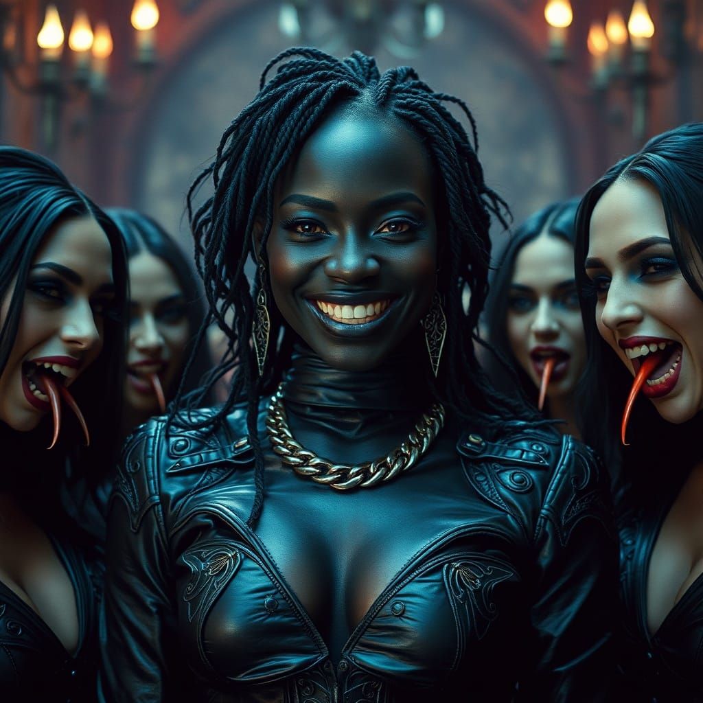 Gothic Vampires and Elegant Woman in Dark Interior