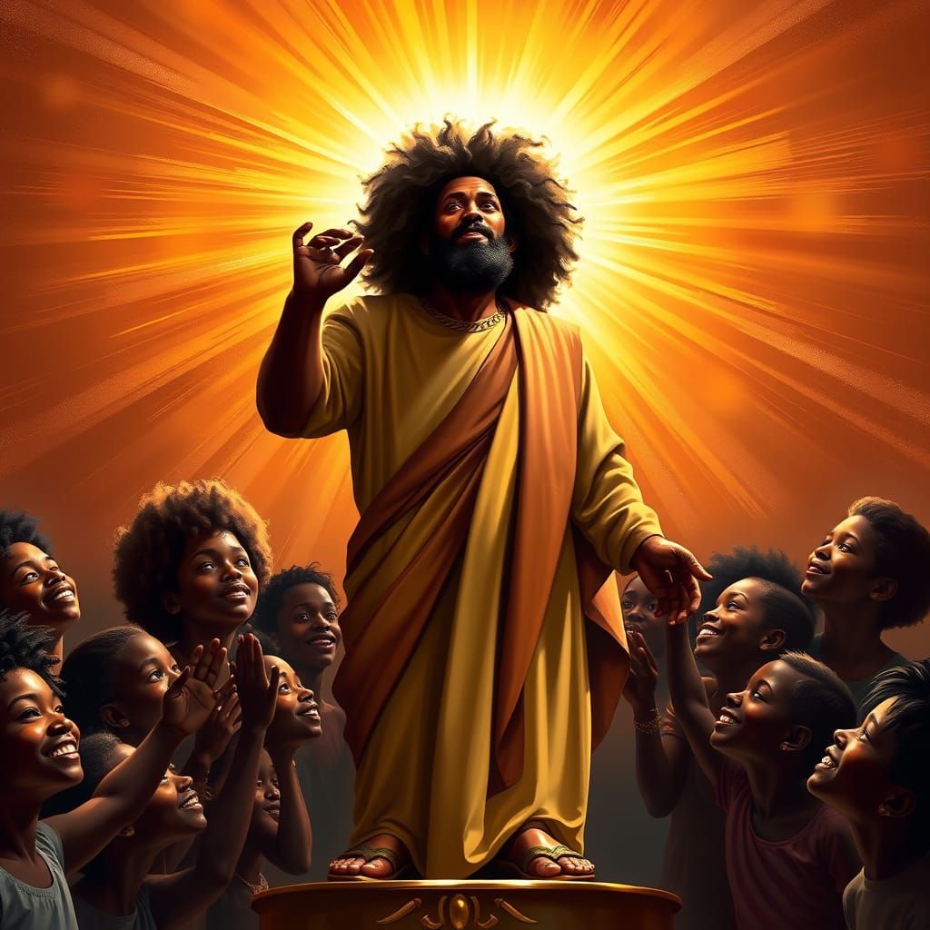 Black Jesus with Bronze Feet and Children, Modern Digital Ar...
