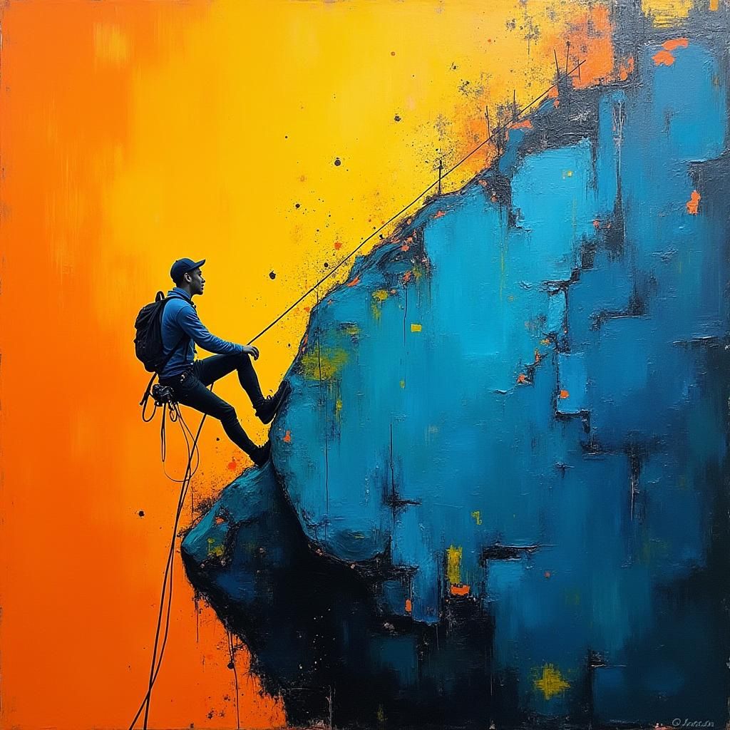Climber Ascending Electric Blue Boulder: Abstract Expression...