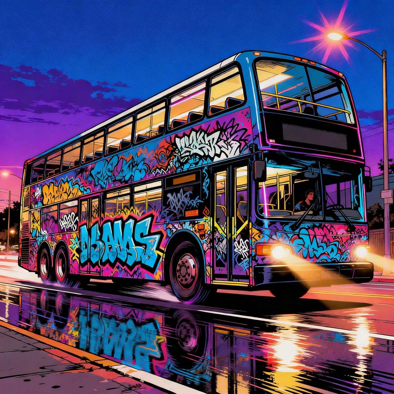 Graffiti Double Dutch Bus in Twilight City