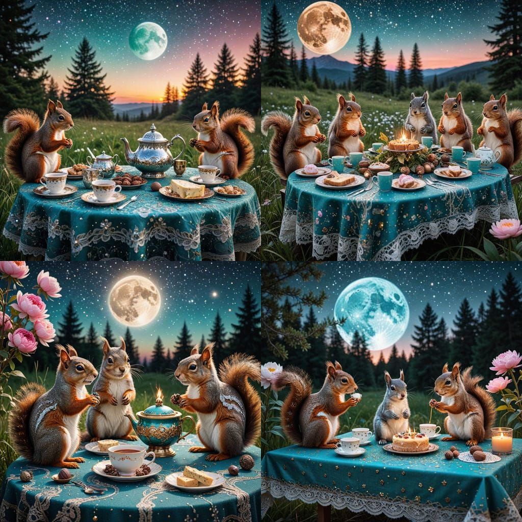 Squirrels' Tea Party Under the Moon, Cosmic Illustration