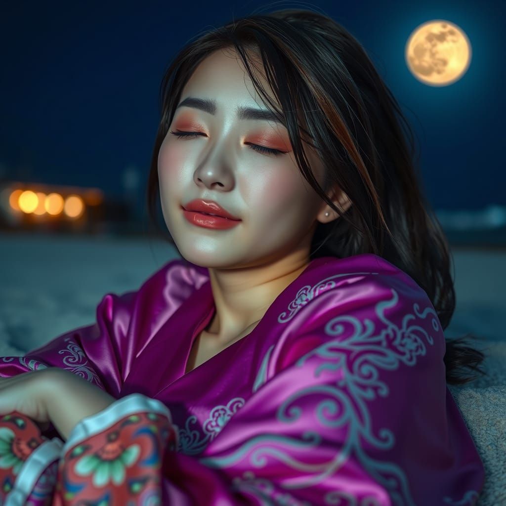 Sleepy Woman in Silk Kimono on Beach at Night