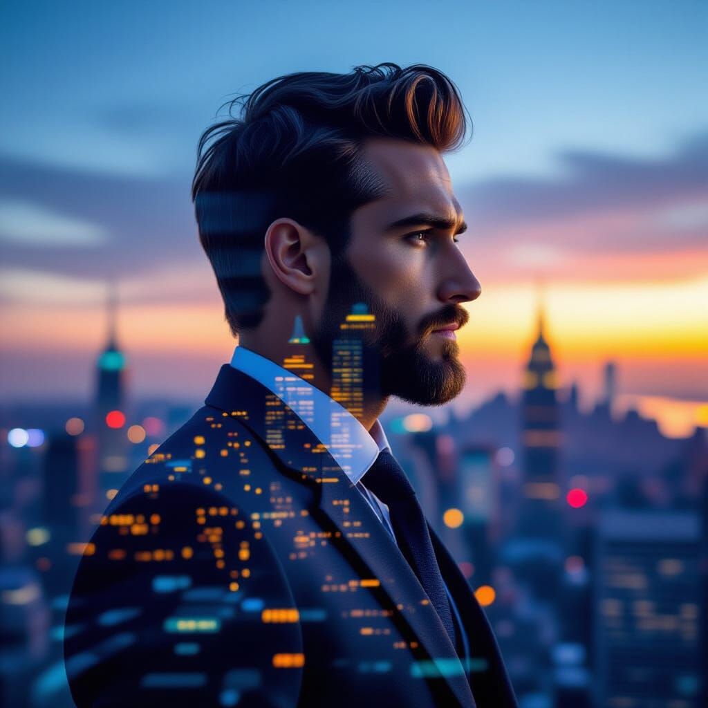 Double Exposure Portrait: Man Silhouetted Against Abstract C...