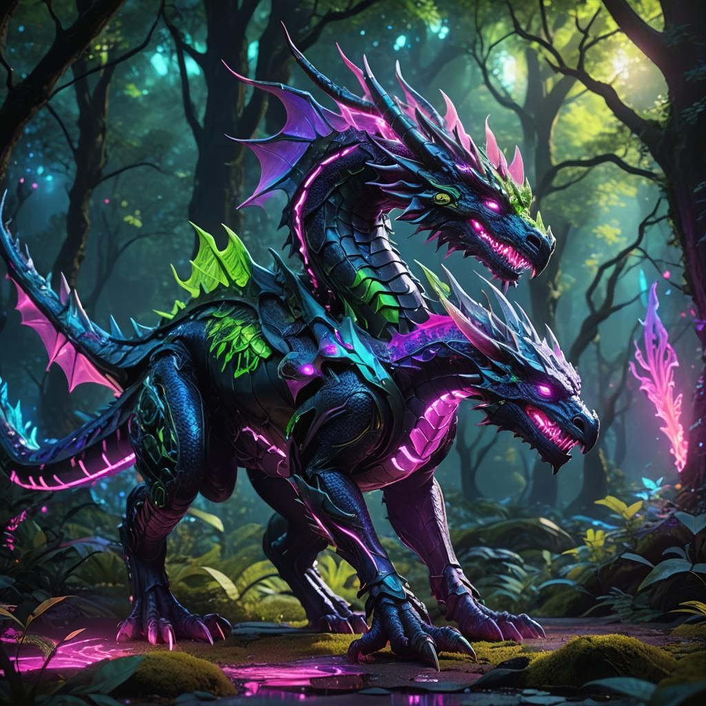 Neon Dragon in Mystical Forest Concept Art