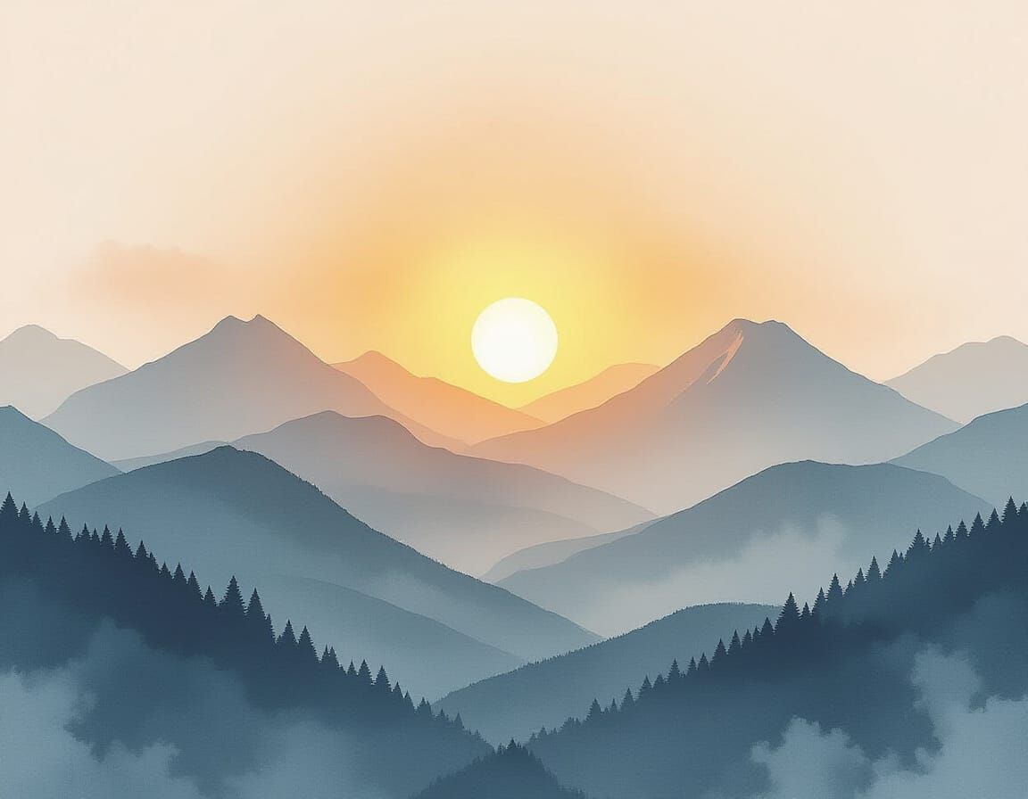 Japandi Sunset: Minimalist Watercolor Mountain Art