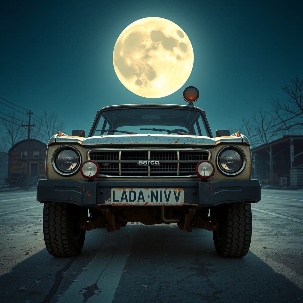 Lone Lada Niva Under Full Moon in Chernobyl
