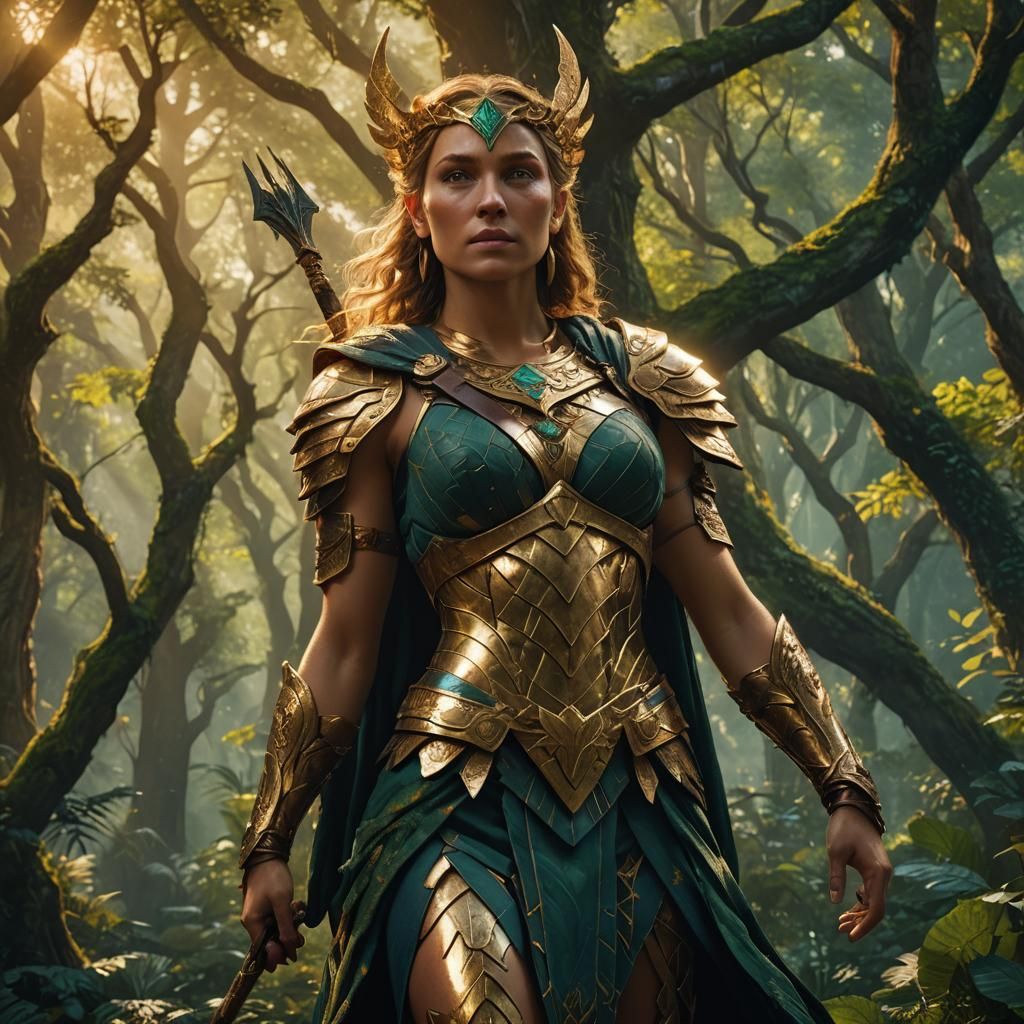 Antiope Goddess in Lush Forest: Fantasy Art Nouveau