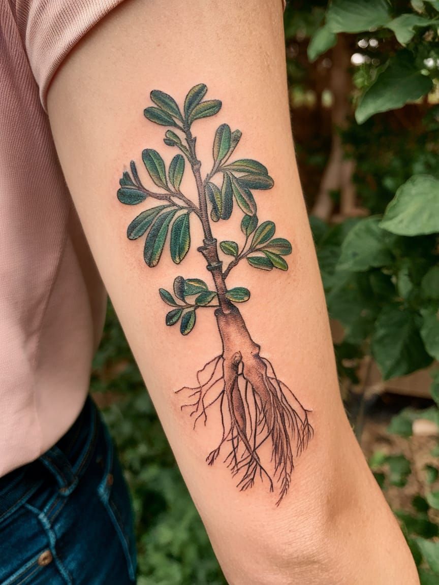 Botanical Tattoo of Ginseng in Full Bloom