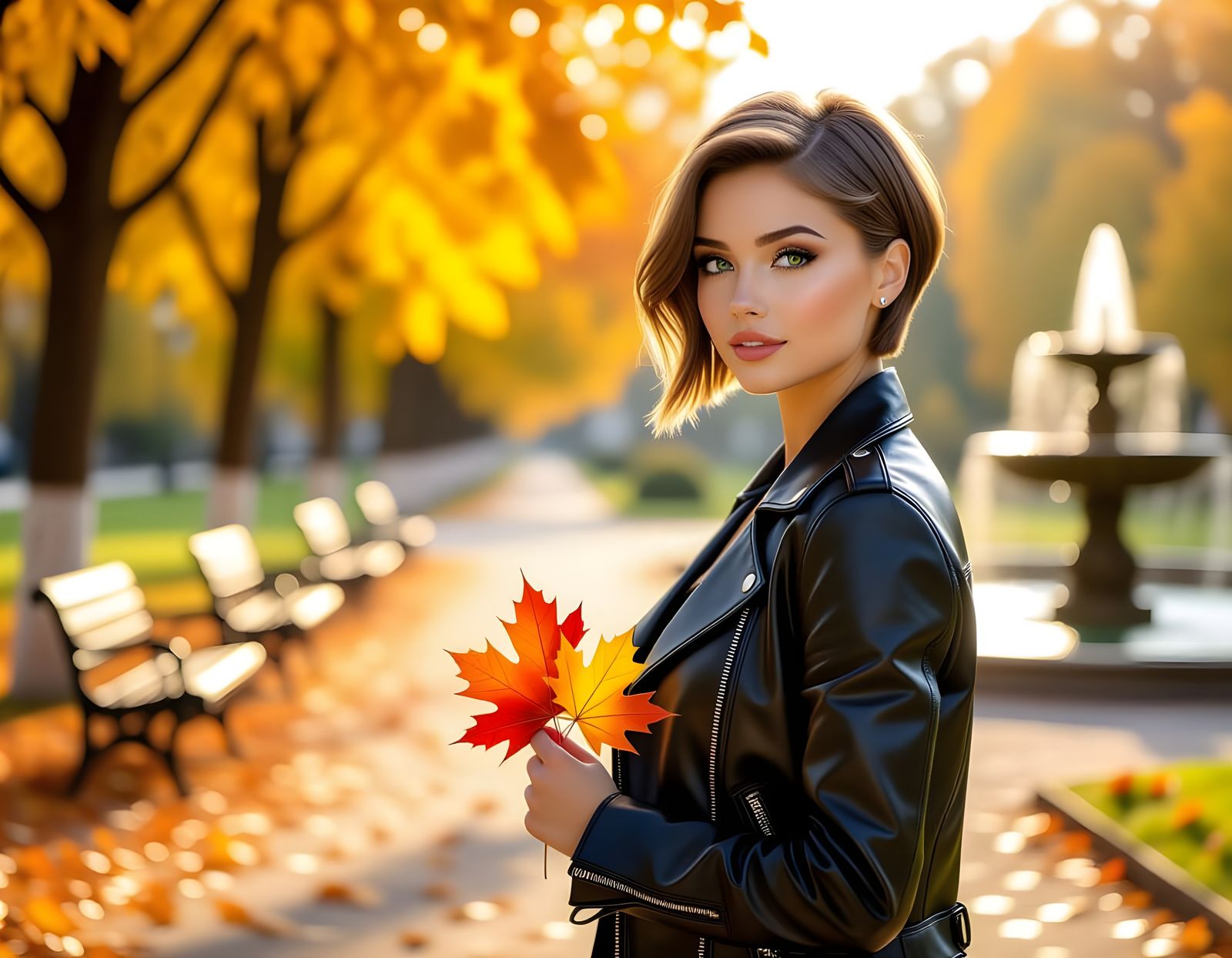 Autumn Park Scene With Girl and Fountain