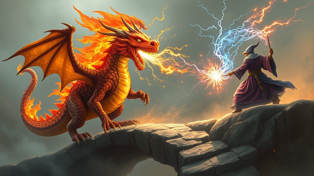 Dragon Battles Wizard on Treacherous Bridge
