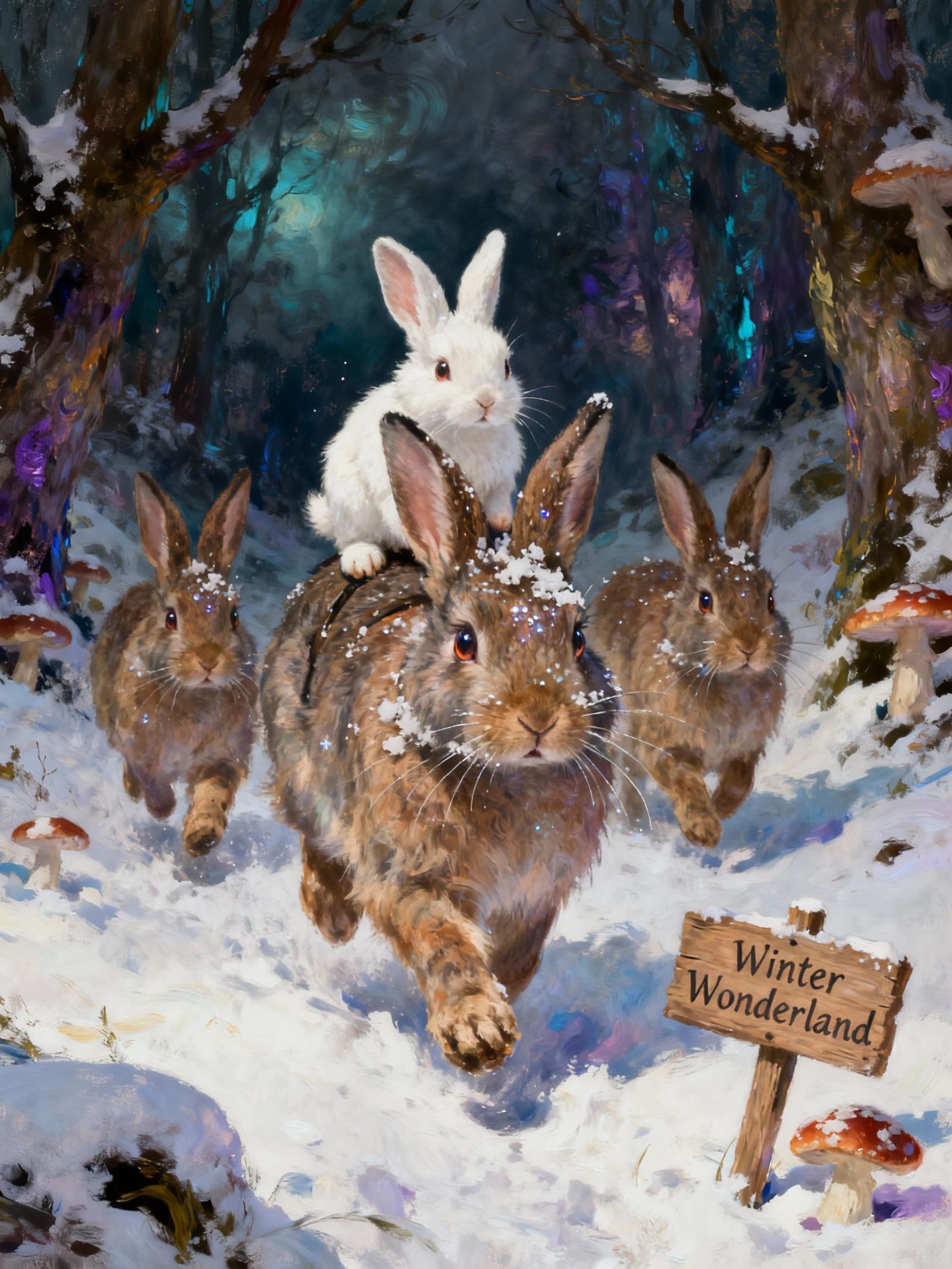 Fluffy Bunny Family in Snowy Forest Digital Painting