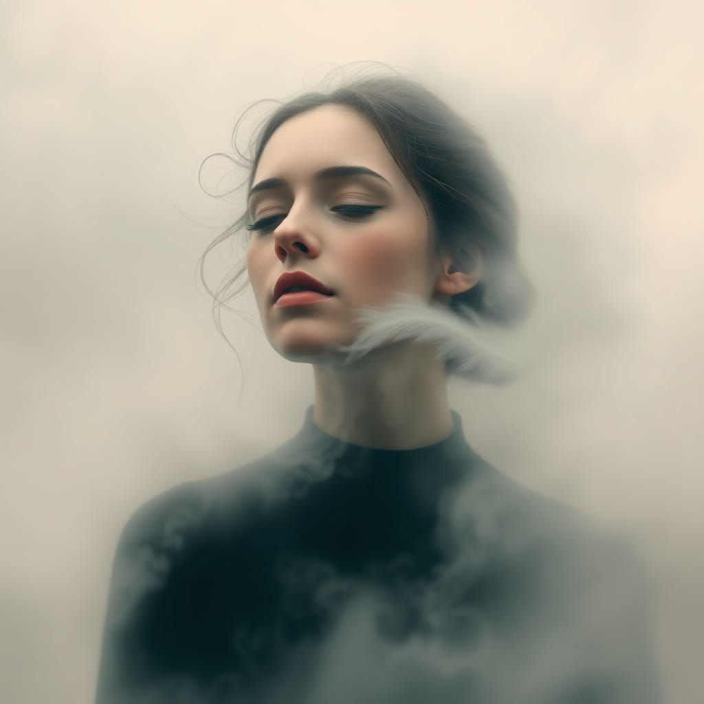 Ethereal Woman Lost in Serene Misty Landscape