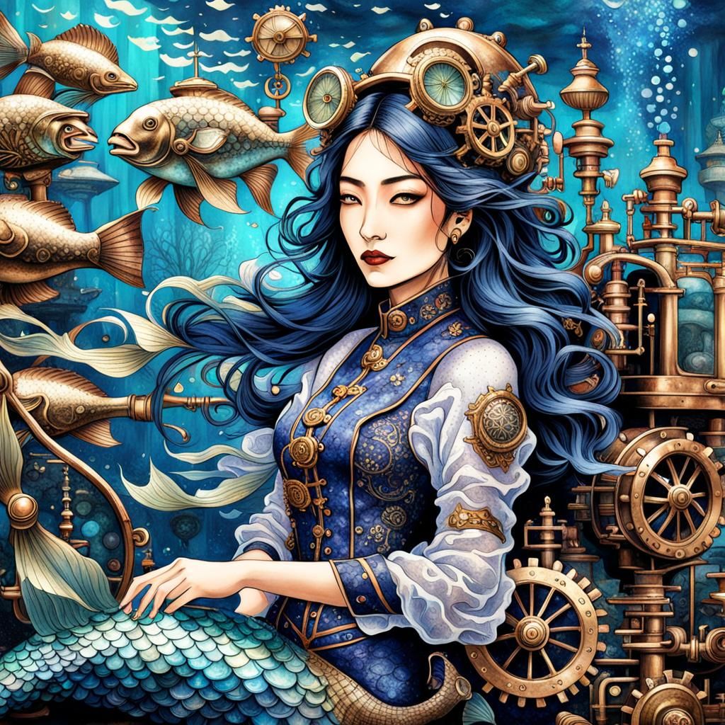 Steampunk Asian Mermaid with Indigo Scales