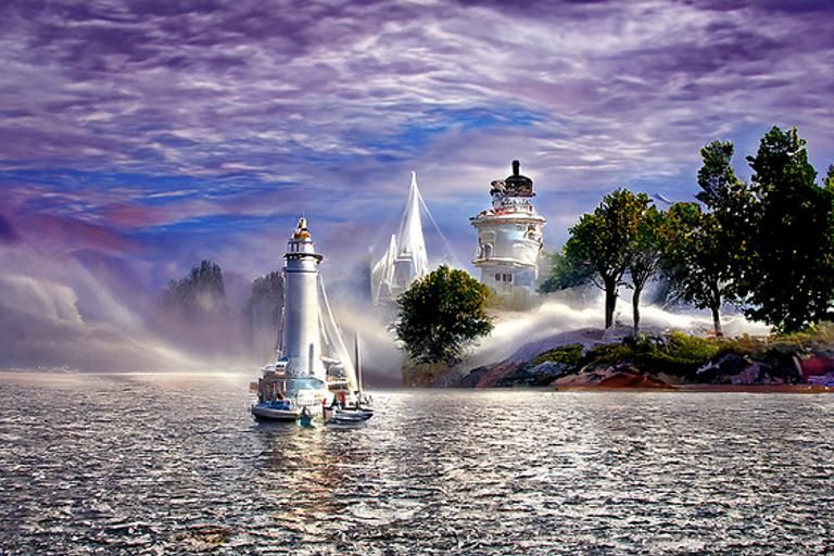 Lighthouse and Yacht in Hyperrealistic Fantasy Mist