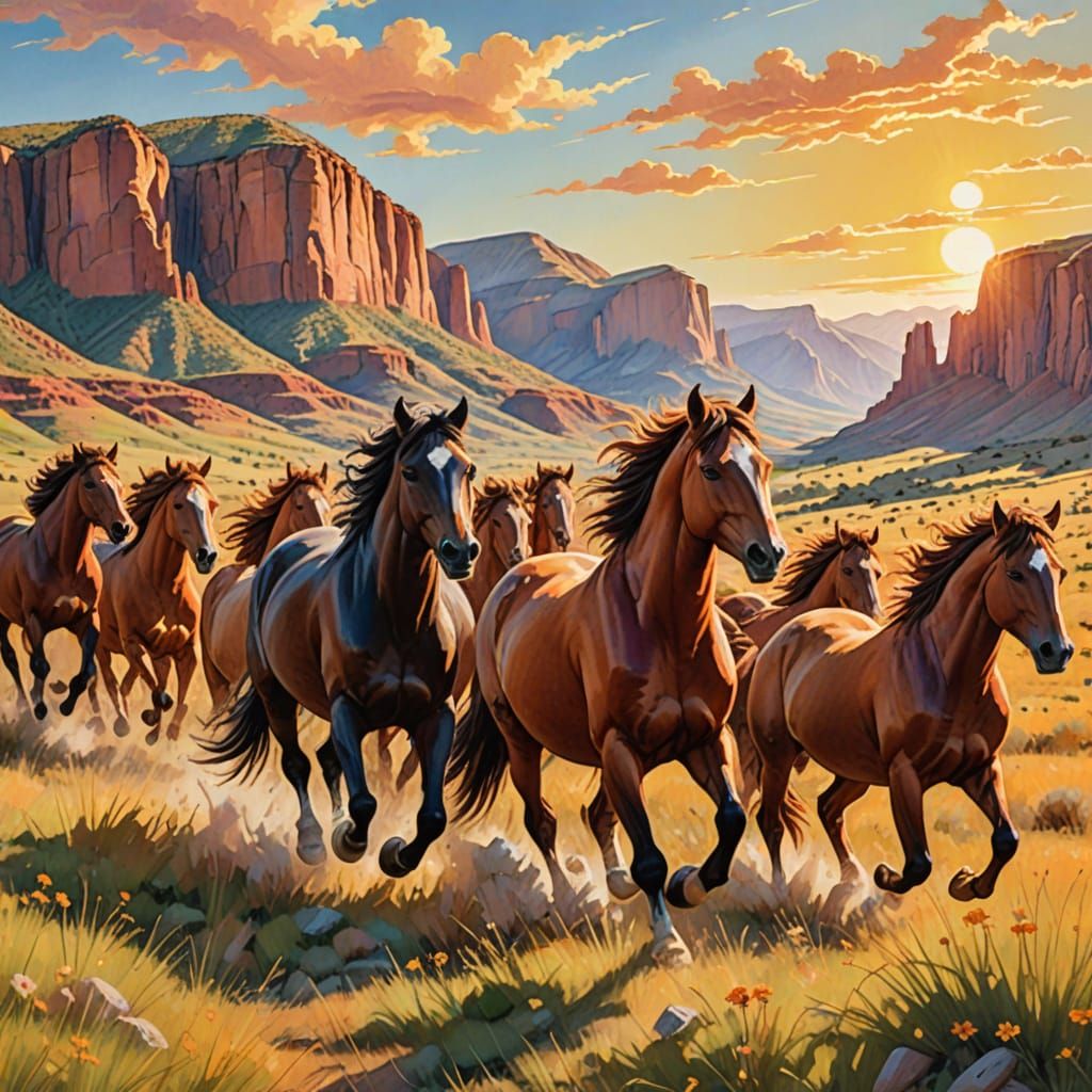 Wild Horses Stampede in Fauvist Colored Pencil Sketch