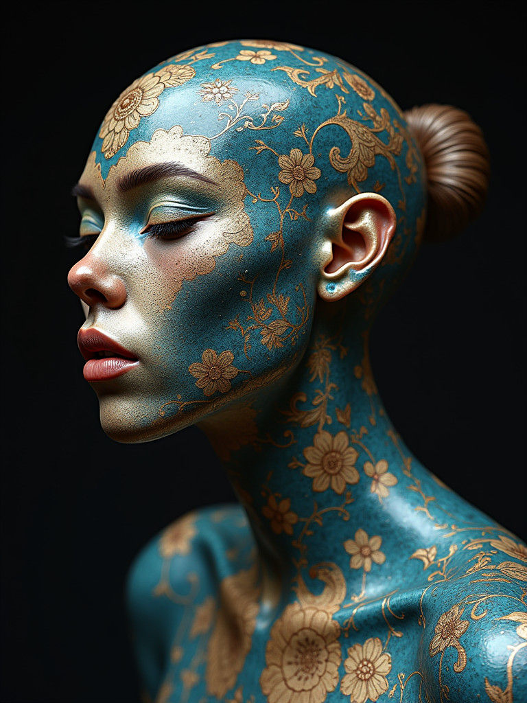 Surreal Ammonitic Portrait over Dark Tsingy Bleu