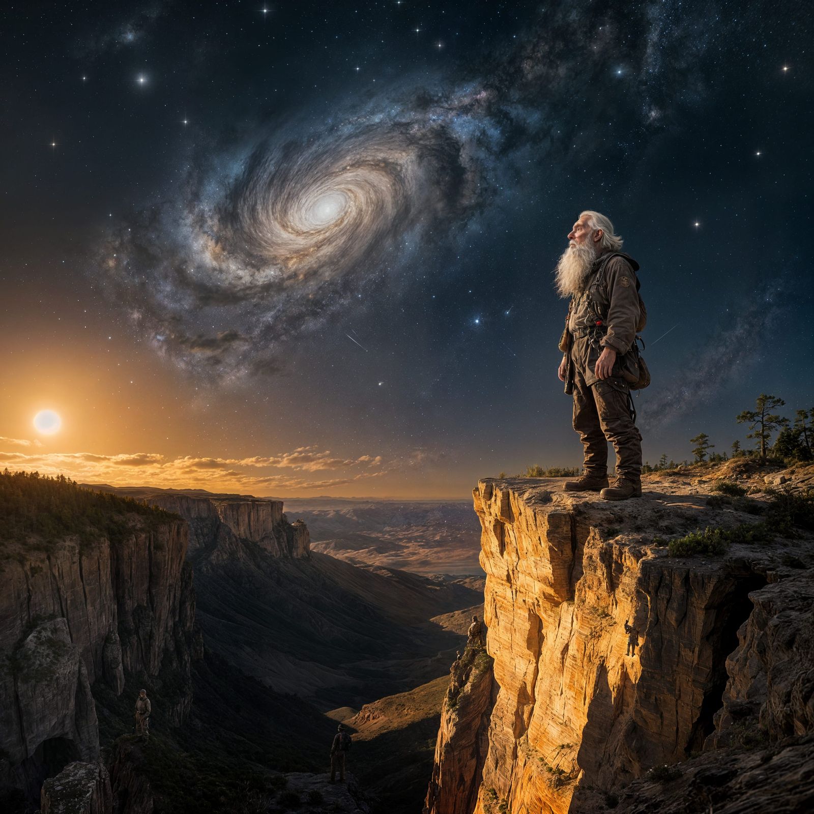 Elderly Explorer Gazes at the Milky Way from Cliff