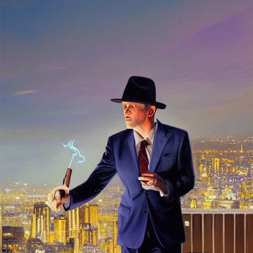 Man in Fedora Overlooking City, Oil Painting