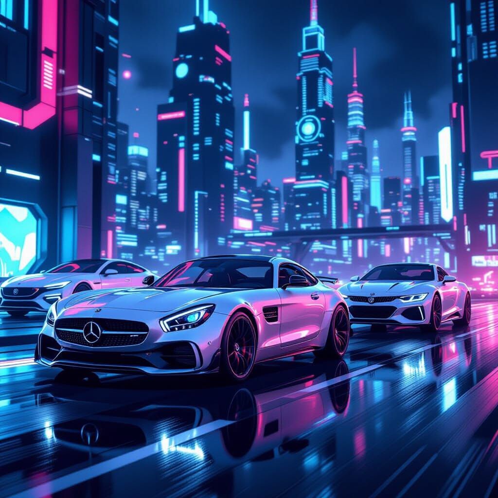 Futuristic Mercedes Benz in Neon Cityscape, Sci-Fi Style