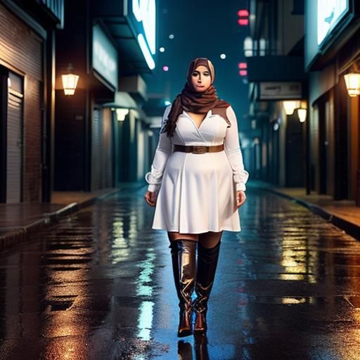 Charming Arabic Woman in Rainy Futuristic City