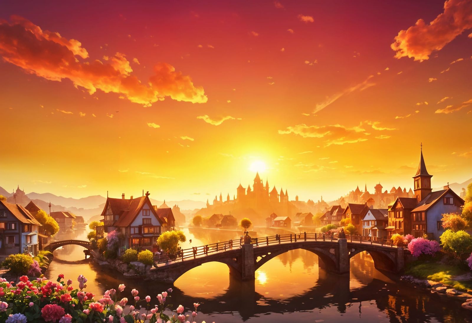 Flowery Town Morning with Elegant Bridge and Colorful Houses