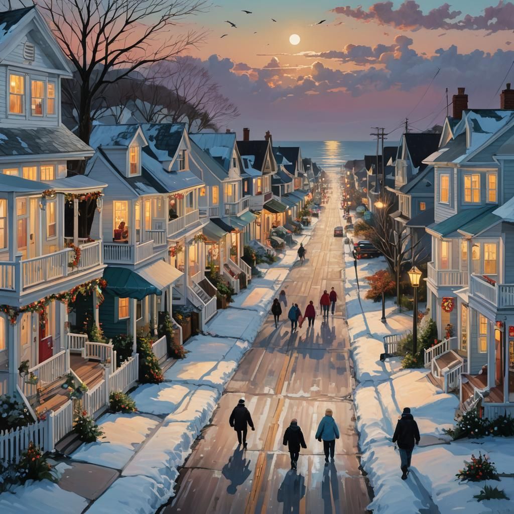 Christmas Cottages by the Ocean: Hyperrealistic Splash Art