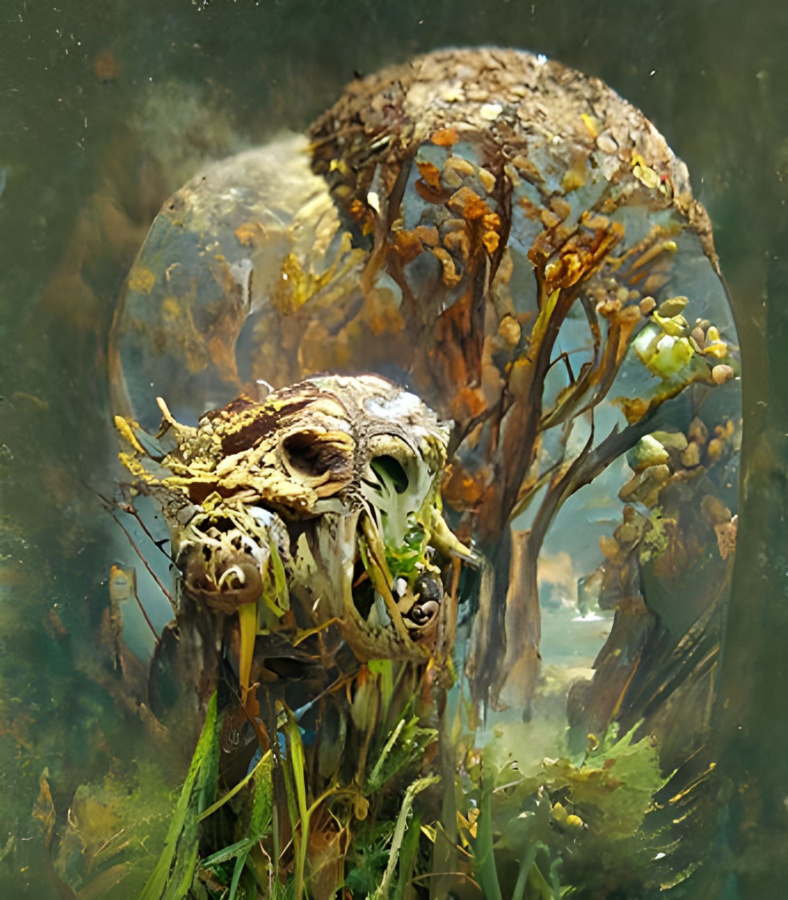 Hyperrealistic Ancient Monster Head in Oil Painting Style