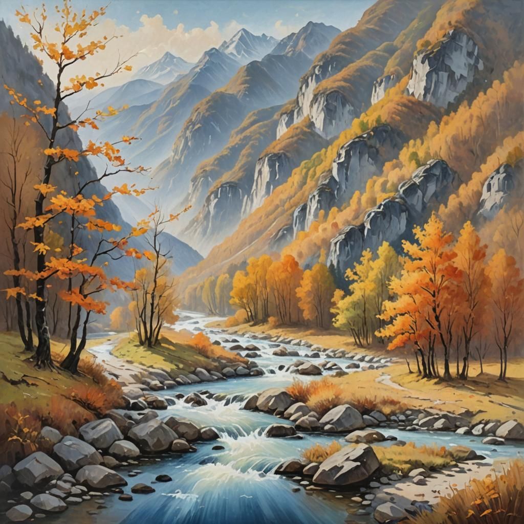 Autumn Mountain Landscape with River, Impasto Oil Painting