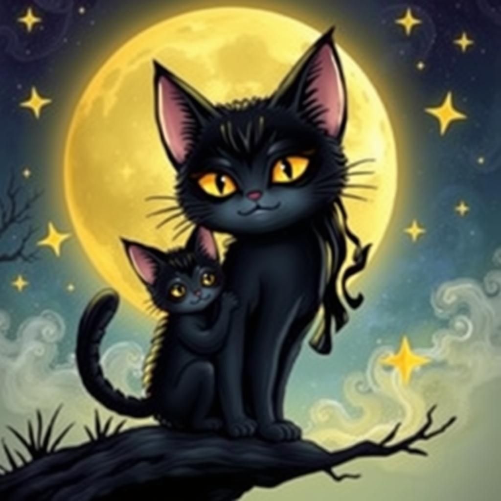 Gatito en la luna con su familia con constelaciones de estre...